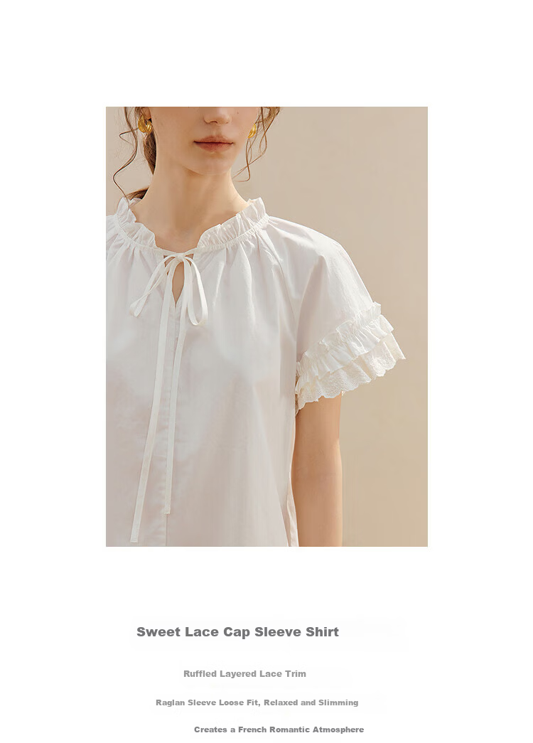 INMAN 100% Xinjiang Cotton Lace-up Ruffle Short Sleeve Shirt 2026 Summer New Loose Women's Top 3